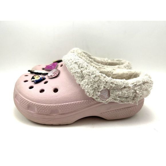 Crocs Classic Kids Pink Fleece Lined Clogs Girls 10/11 5 Jibbitz Disney Star War - Picture 2 of 12